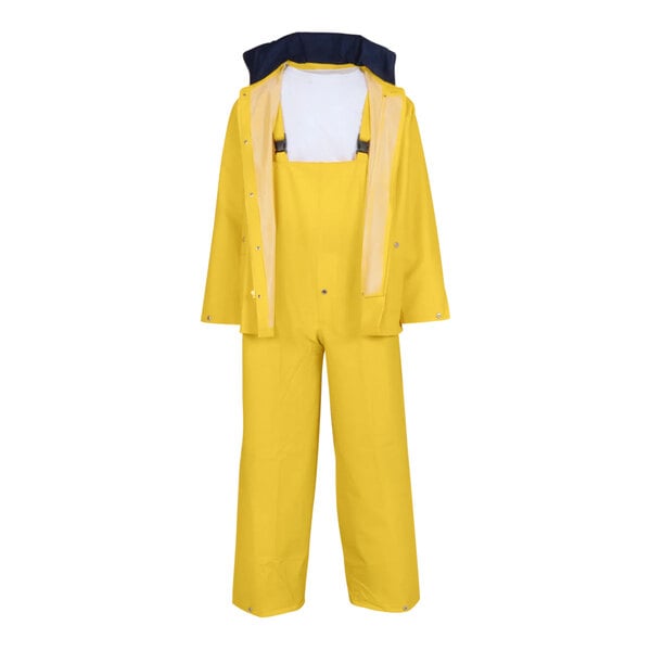 A Tingley yellow rainsuit with a hood.