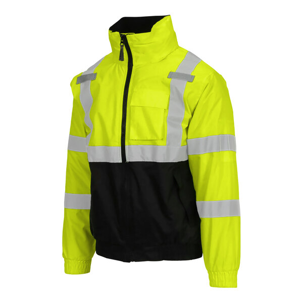 A yellow and black Tingley Bomber II safety jacket with reflective stripes.