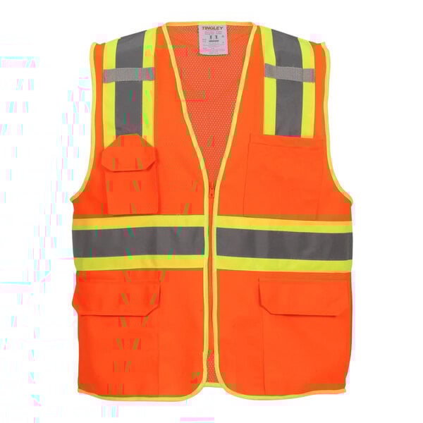 A Tingley Hi-Vis orange safety vest with yellow and grey reflective stripes.