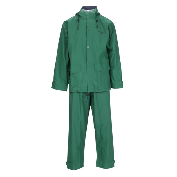 A green Tingley rainsuit with hood and pants.