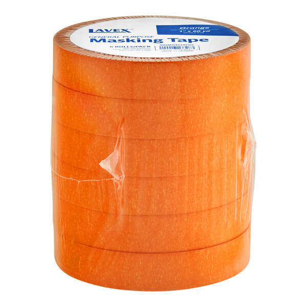 A close-up of a roll of Lavex orange masking tape.