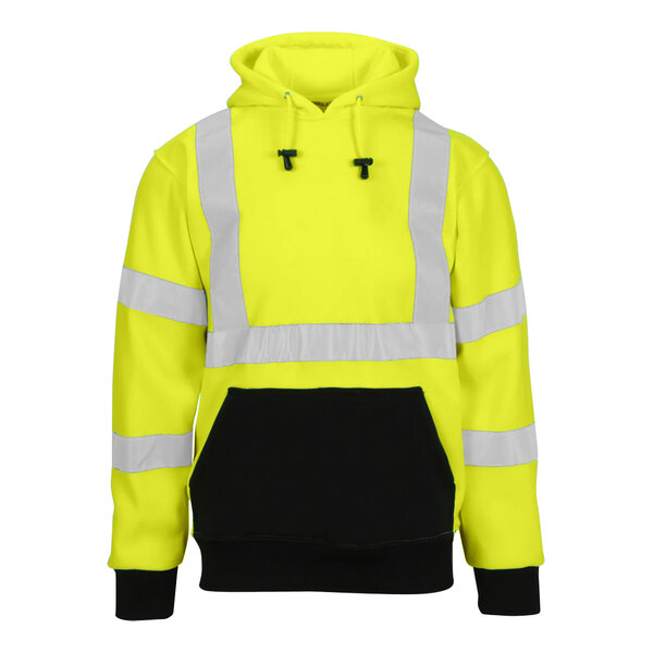 A lime green Tingley pullover sweatshirt with reflective stripes.