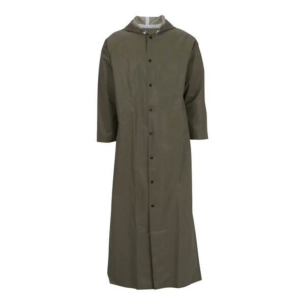 A small olive drab Magnaprene rain coat with a hood.