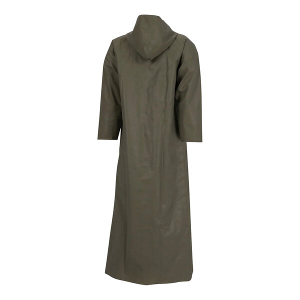 A small olive drab Tingley Magnaprene full-length rain coat with a hood.