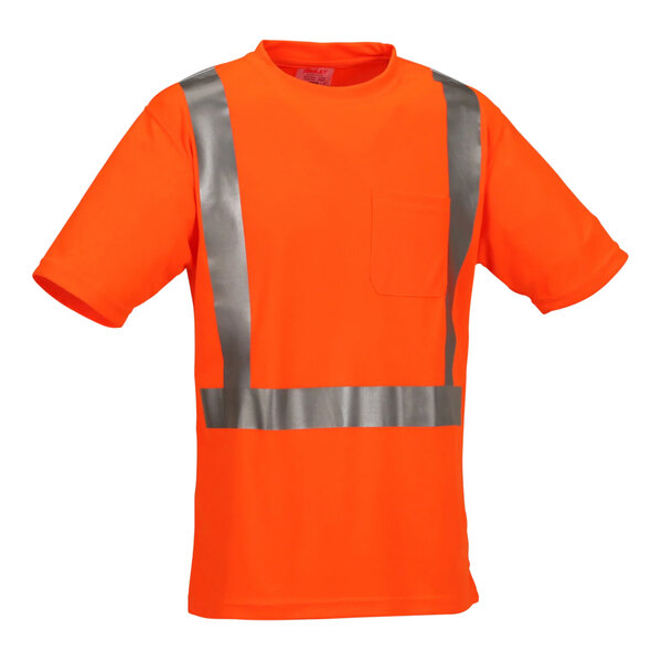 An orange Tingley short sleeve safety shirt with reflective stripes.