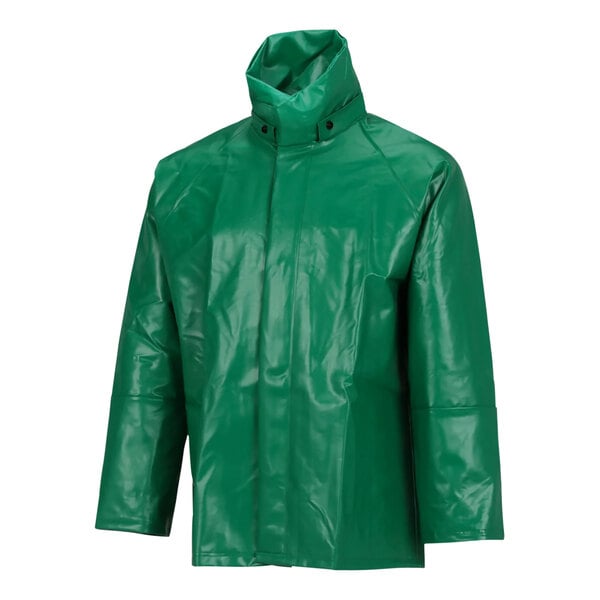 A green Tingley SafetyFlex rain jacket with a hood.