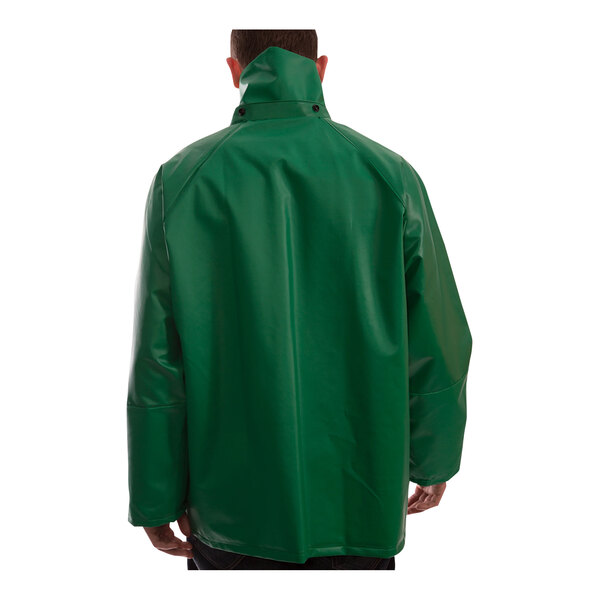 A man wearing a green Tingley SafetyFlex rain jacket.
