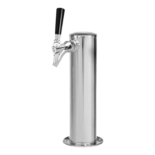 A silver stainless steel Micro Matic Kombucha tap tower with a black handle.