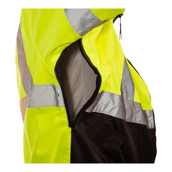 A yellow and black Tingley Bomber safety jacket with reflective stripes and a zipper.