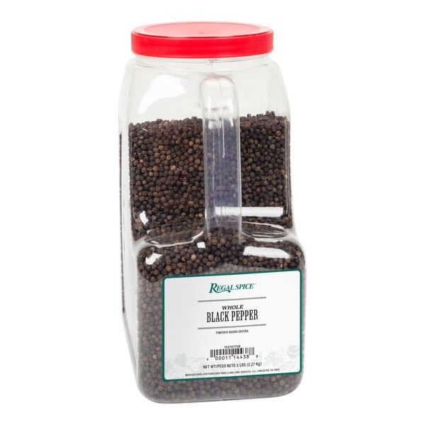 A container of Regal Whole Black Peppercorn.