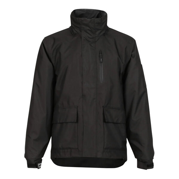 A Tingley black industrial work jacket with a hood and zipper and pockets.