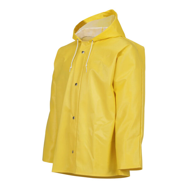 A yellow Tingley Webdri rain jacket with a hood and zipper.