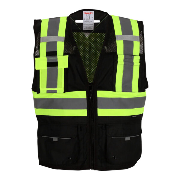 A black and yellow Tingley safety vest with reflective stripes and reflective tape.
