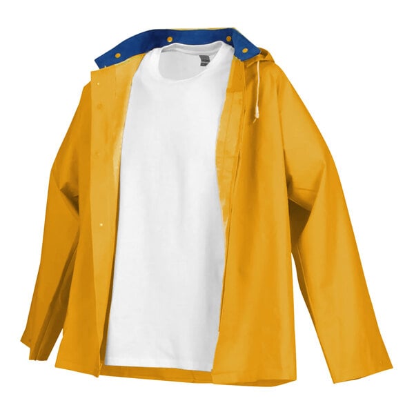 A Tingley yellow industrial work rain jacket over a white t-shirt.