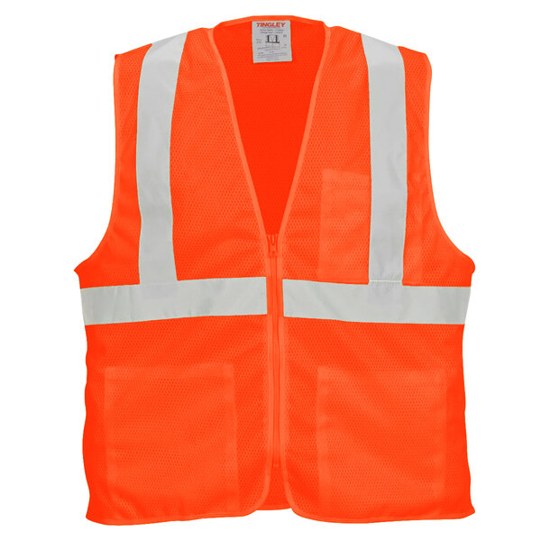 An orange Tingley safety vest with white reflective stripes.