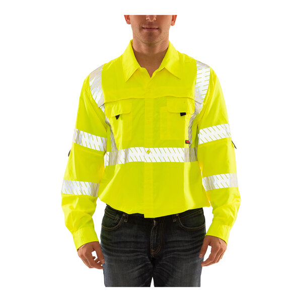 A man wearing a Tingley lime yellow long sleeve safety shirt.
