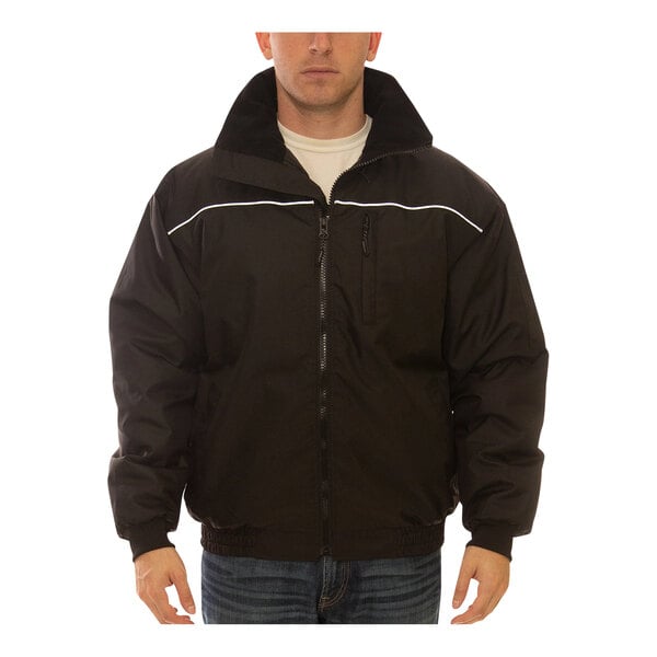 A man wearing a black Tingley Bomber insulated jacket.