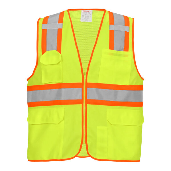 A yellow Tingley Job Sight safety vest with orange and grey reflective stripes.
