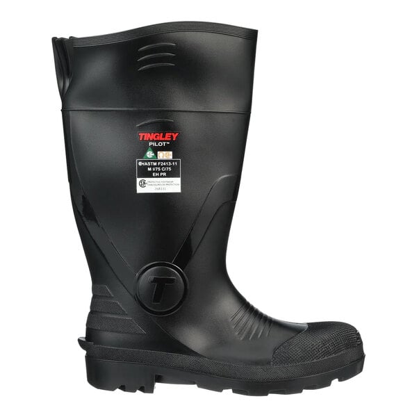 A pair of black Tingley Pilot safety boots with a rubber sole.