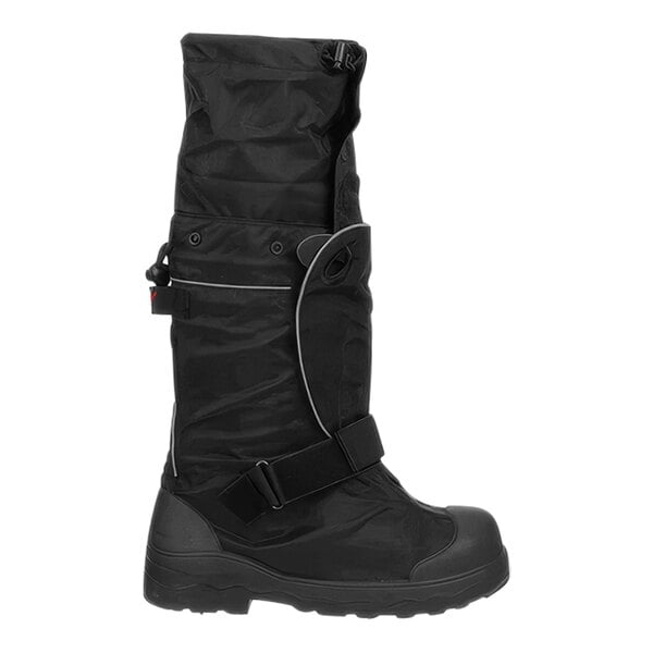 A pair of black Tingley Winter-Tuff ice traction overshoes with a strap.