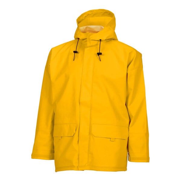 A yellow Tingley Weather-Tuff rain jacket with a hood.