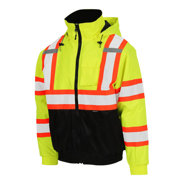 A Tingley yellow and black jacket with reflective stripes and an orange X on the back.