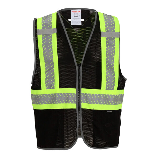 A black mesh Tingley hi-vis safety vest with yellow and black reflective stripes.