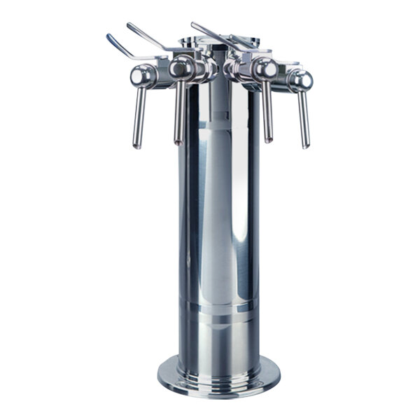 A Micro Matic polished stainless steel 4-tap tower with levers.