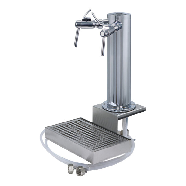 A Micro Matic stainless steel 2-tap draft tower with a removable drip tray.