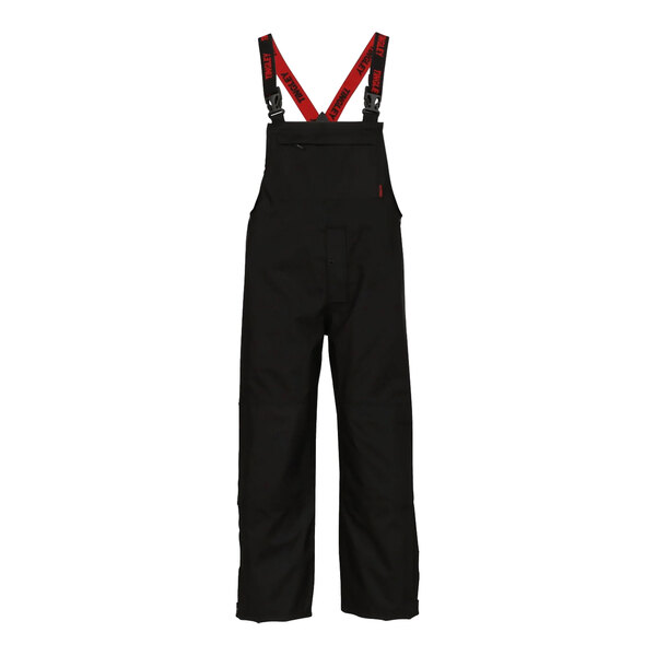 A black overalls with red straps.