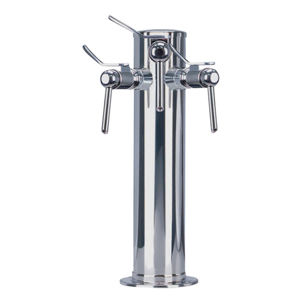 A silver metal Micro Matic 3-tap tower with chrome faucets and levers.