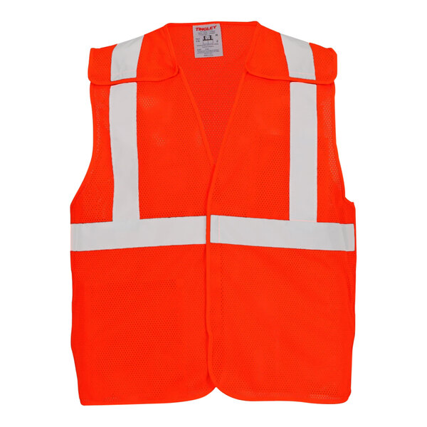 An orange Tingley Job Sight safety vest with white reflective stripes.