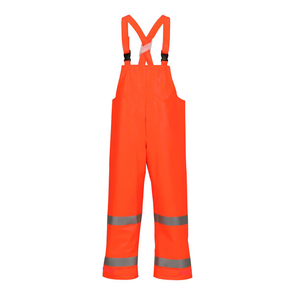 Tingley orange overalls with reflective stripes and suspenders.