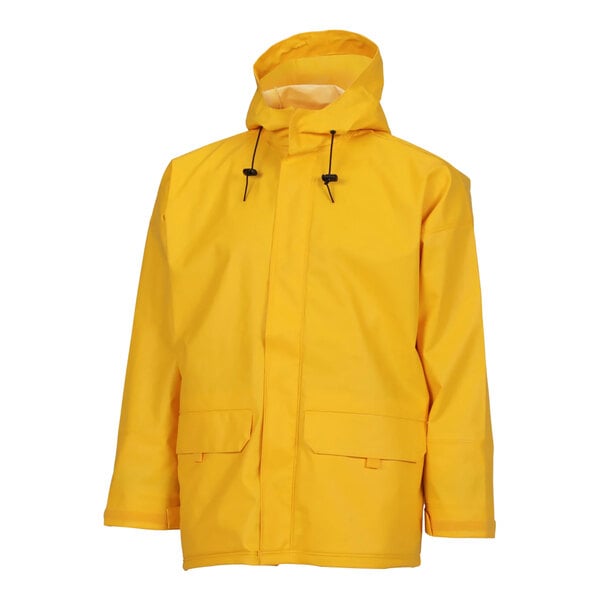 A yellow Tingley Weather-Tuff rain jacket with black straps, a hood, and pockets.