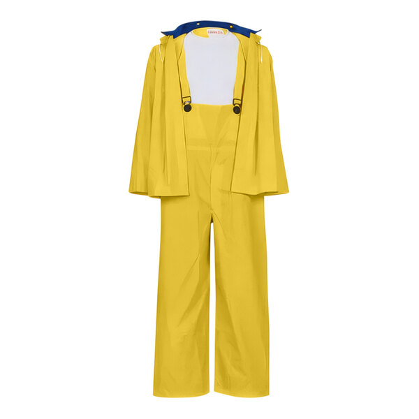 A yellow Tingley Industrial rainsuit with a hood.