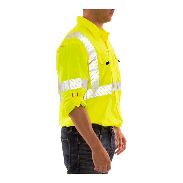 A man wearing a Tingley hi-vis yellow long sleeve safety shirt.
