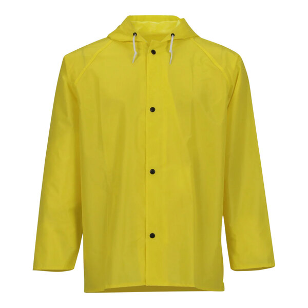 A yellow Tingley rain jacket with hood and black buttons.