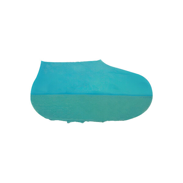 Blue Tingley rubber shoe covers with a green sole on a white background.