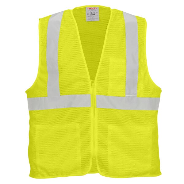 A yellow mesh safety vest with white reflective stripes.