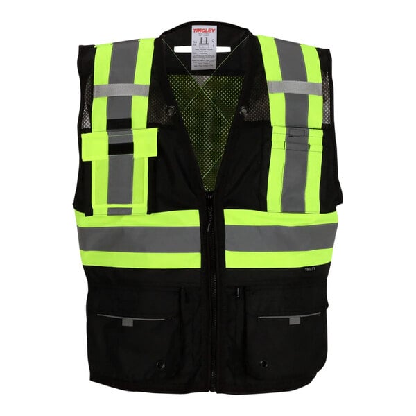 A black and yellow Tingley safety vest with reflective tape and stripes.