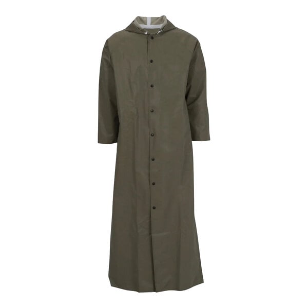 A Tingley olive drab Magnaprene long raincoat with black buttons and a hood.