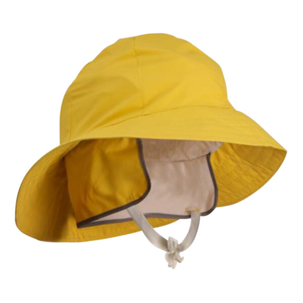 A yellow Tingley work hat with a white strap.