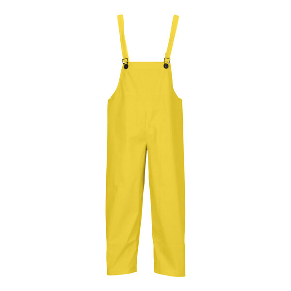 Yellow Tingley industrial work rain overalls with straps.