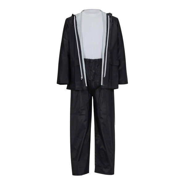 A navy blue Tingley rainsuit with white trim on the jacket and pants.