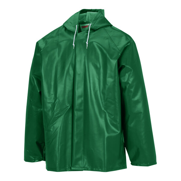 A green Tingley SafetyFlex rain jacket with white zippers and string.