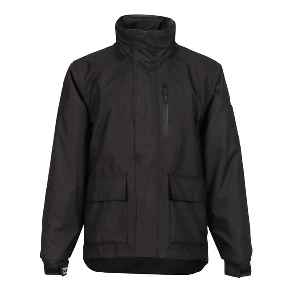 A Tingley Icon black industrial work jacket with a hood and zipper.