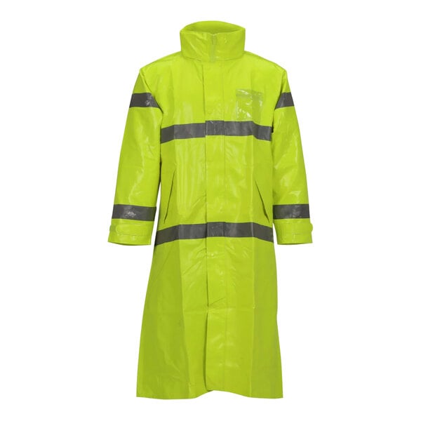 An extra large Tingley lime yellow rain coat with reflective stripes.