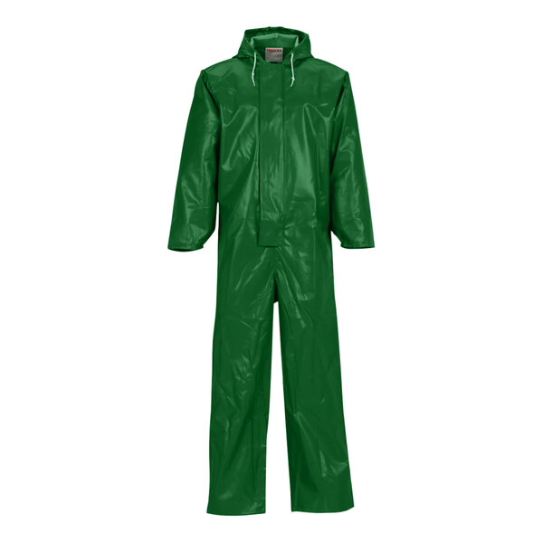 Tingley green SafetyFlex coveralls with a hood and pockets on a white background.