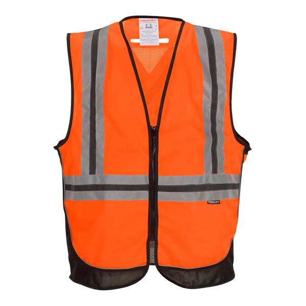 A Tingley orange mesh safety vest with X-back reflective tape and grey stripes.