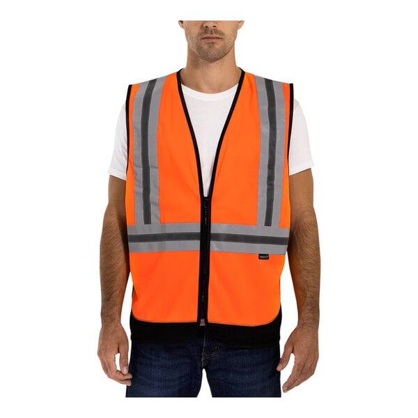 A man wearing a Tingley hi-vis orange safety vest with reflective stripes.
